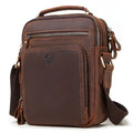 Men's brown genuine cowhide leather crossbody bag with retro styling and sewing line detailing