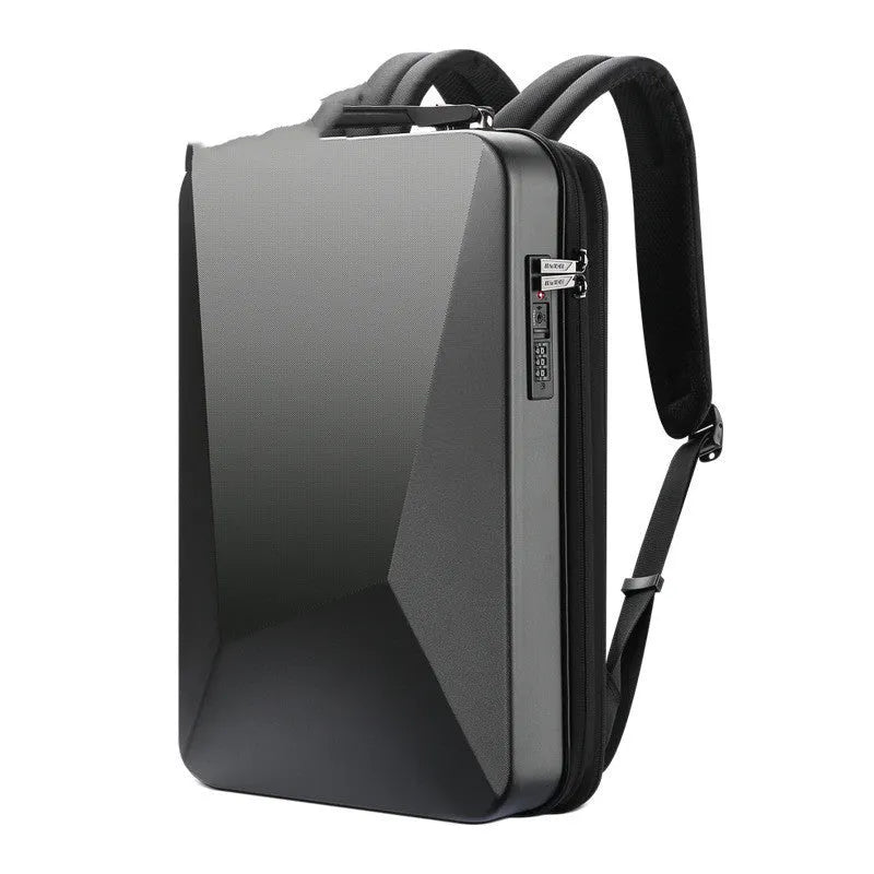 Large men's hard shell backpack in black or silver with a frosted finish, showing laptop compartment and anti-theft lock on the front.