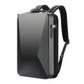 Large men's hard shell backpack in black or silver with a frosted finish, showing laptop compartment and anti-theft lock on the front.