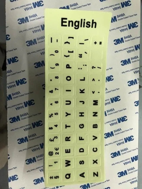 Sheet of glowing PVC keyboard stickers for Arabic, Thai, Hebrew, French, Italian and German languages