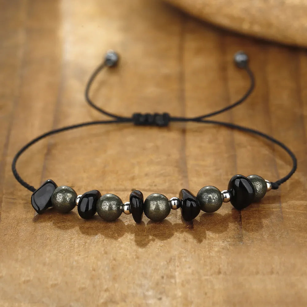 Black garnet stone bracelet with geometric moon design, manual processing, unisex accessory