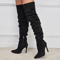 Women's pointed toe suede stiletto heel boots with side zipper, available in black, sizes 35-42
