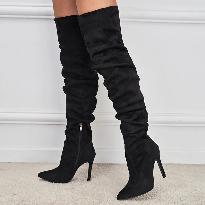 Women's pointed toe suede stiletto heel boots with side zipper, available in black, sizes 35-42