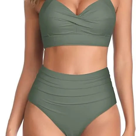 Women's split bow bikini swimwear in multiple colour options on a mannequin.
