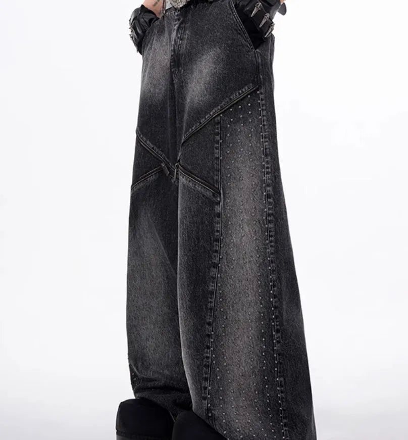 Black and grey wide leg pants with structure zipper and matching waistcoat set