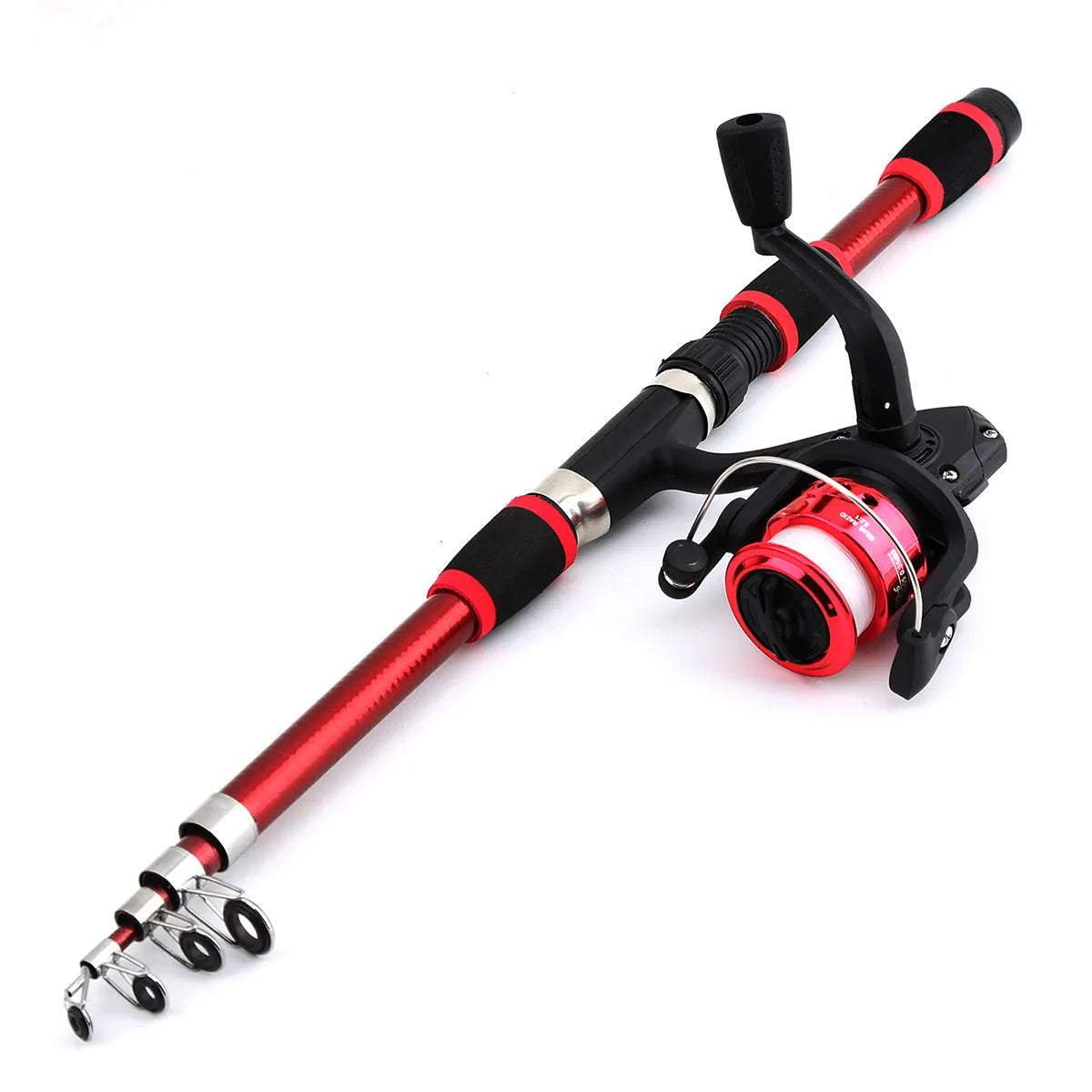 Children's beginner fishing rod kit with a blue pole and matching reel on a green background.