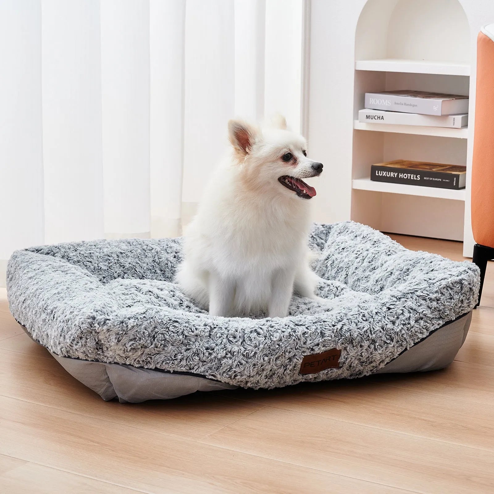 Swirl rose velvet dog bed with removable cushion for small medium dogs, sofa-style design