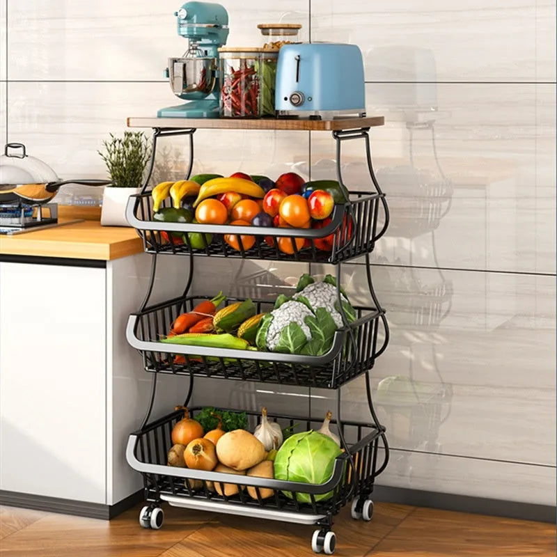 Black six layer kitchen shelf floor trolley with carbon steel frame and modern design