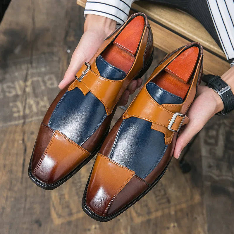 Men's brown blue and black retro buckle casual leather shoes with tall crown design