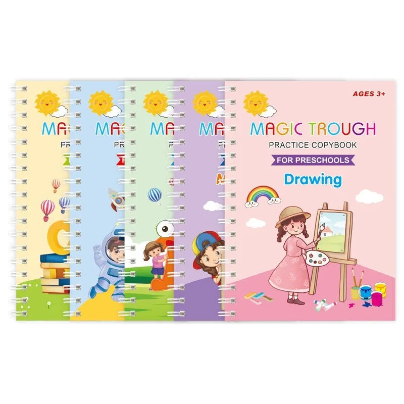 Children's calligraphy practice book set with grooves and refill pens on white cardboard