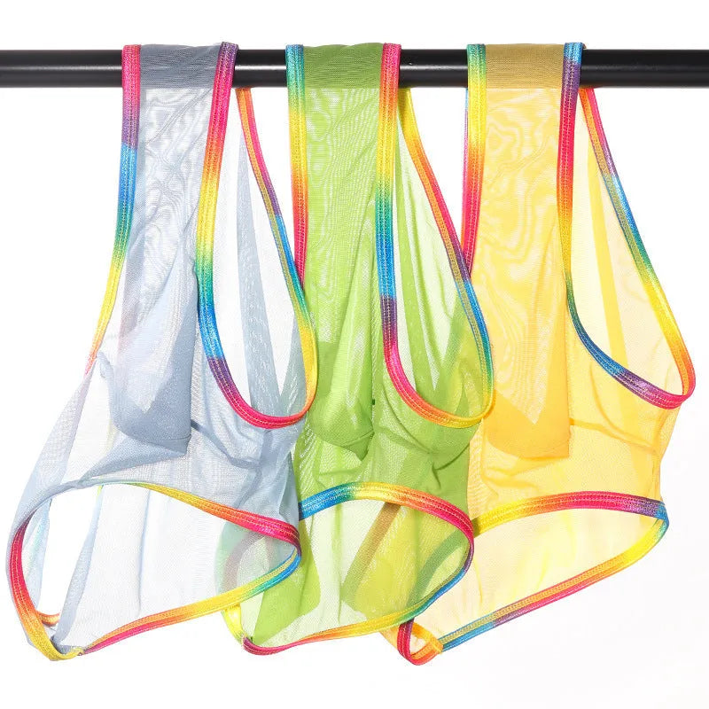 Women's transparent mesh briefs in multiple colours on a white background.