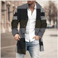 Men's plaid stand collar mid-length casual coat in chemical fibre blend fabric, single-breasted front, available in multiple colours