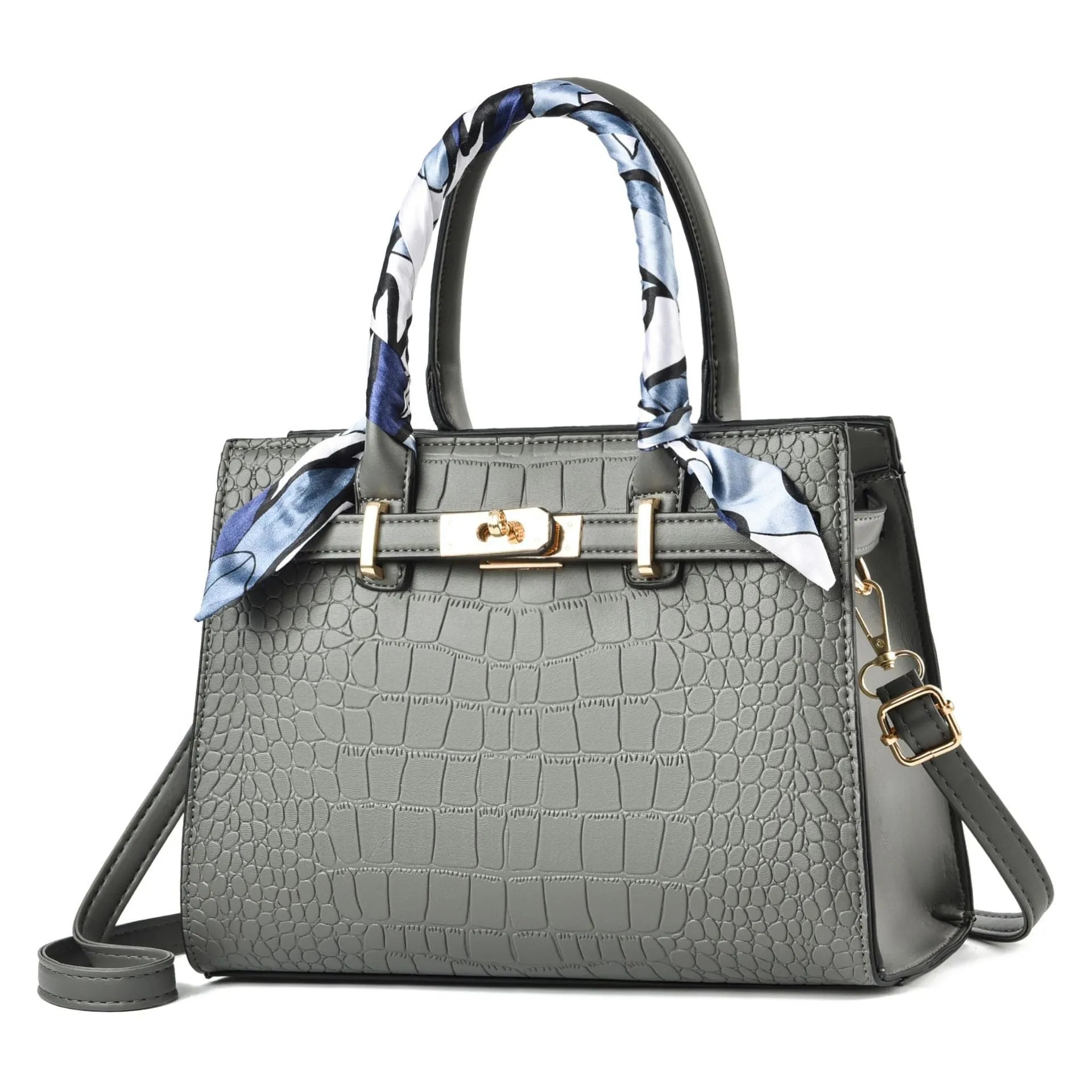 Fashion women's large capacity PU shoulder bag in black with matching green scarf, horizontal square shape, slit pocket outer bag