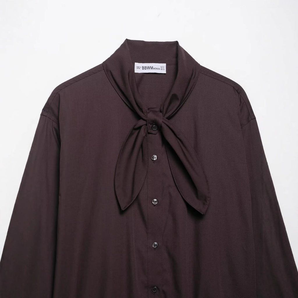 Brown women's poplin shirt with bow tie scarf detail, loose fit design