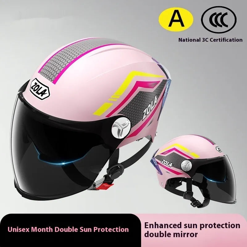 3C-certified motorcycle half helmet with clear and tinted dual visors on an ABS shell in khaki brown colour.