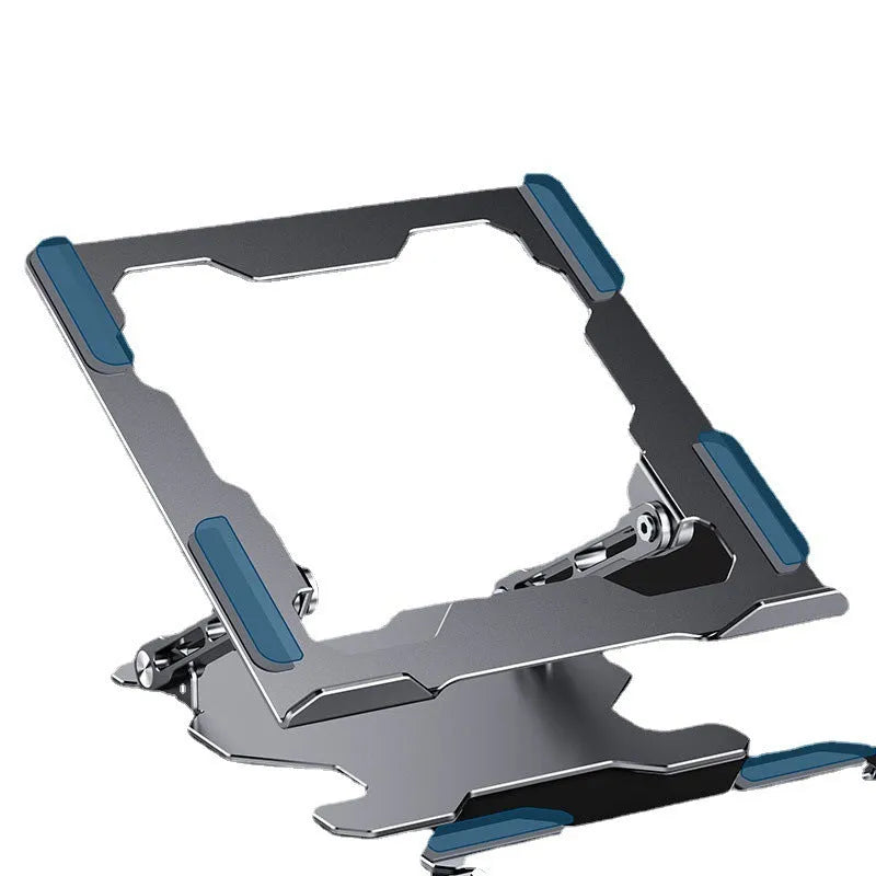 Grey aluminium folding laptop stand shown at an adjustable angle on a wooden desk.