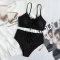 Black women's high waist sling split bikini swimsuit with sleeveless top and shorts