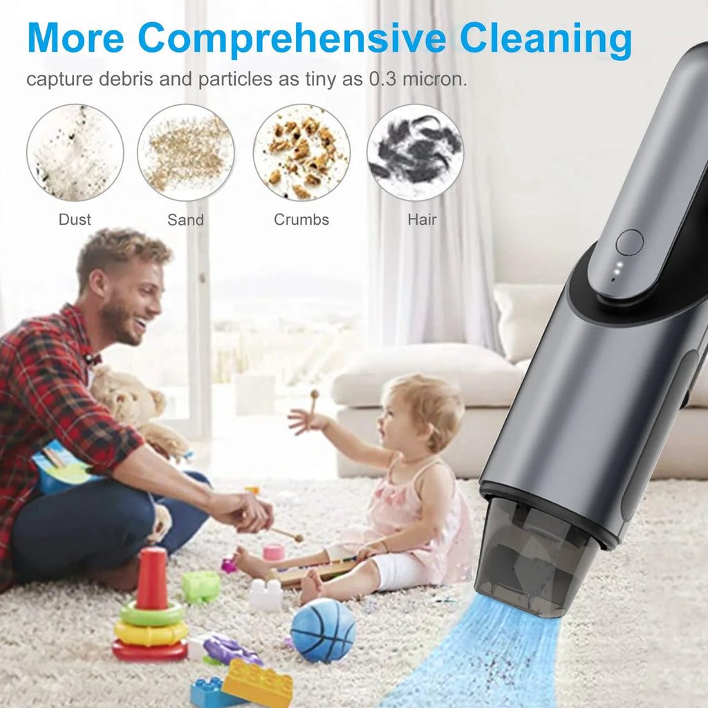 Black portable wireless handheld car vacuum cleaner with flat and brush attachments on a car seat
