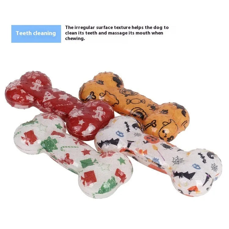 Printed bone-shaped TPR nibbling sound toy for dogs in multiple colour options