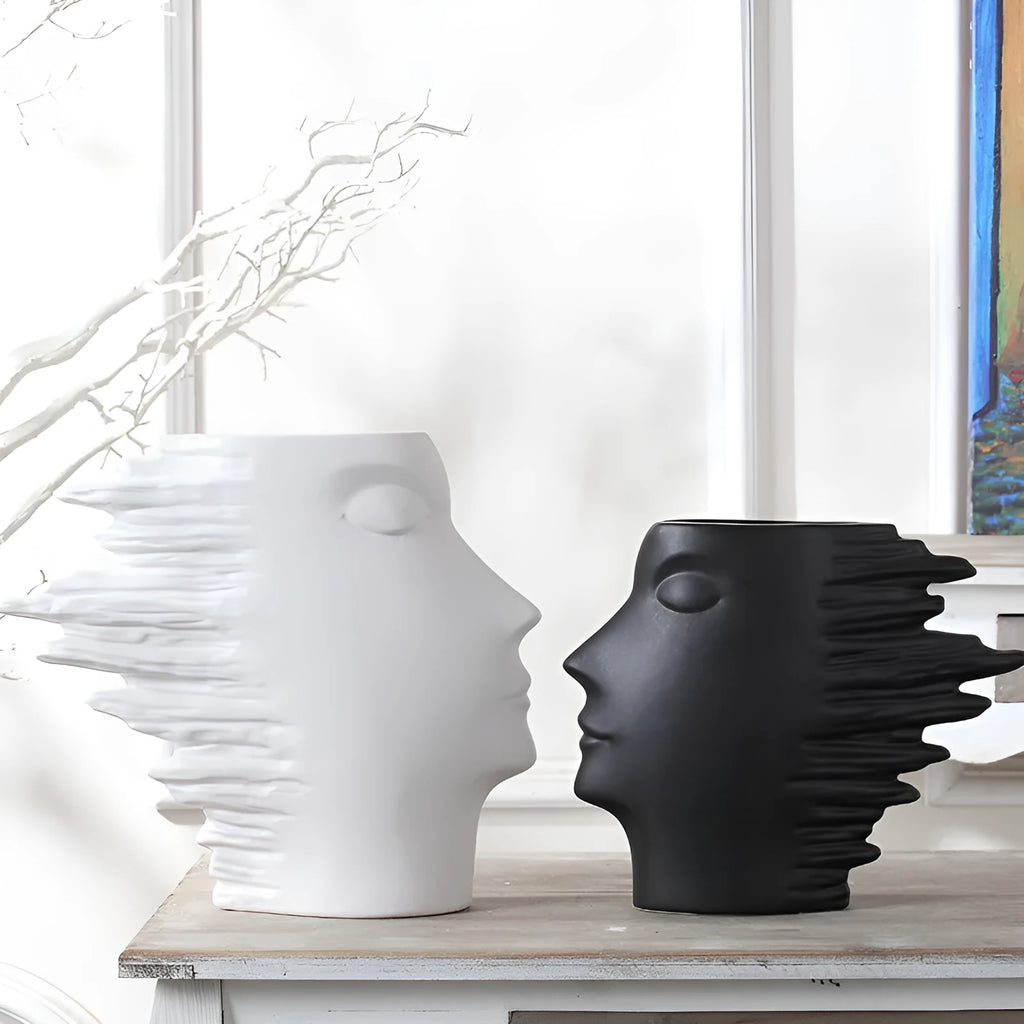 Nordic porcelain head ornament vase with matte finish, shown in black or white as a hanging decoration.
