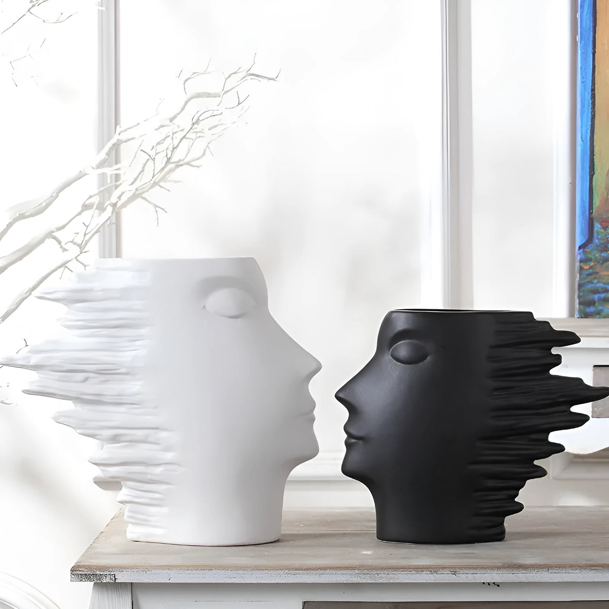 Nordic porcelain head ornament vase with matte finish, shown in black or white as a hanging decoration.