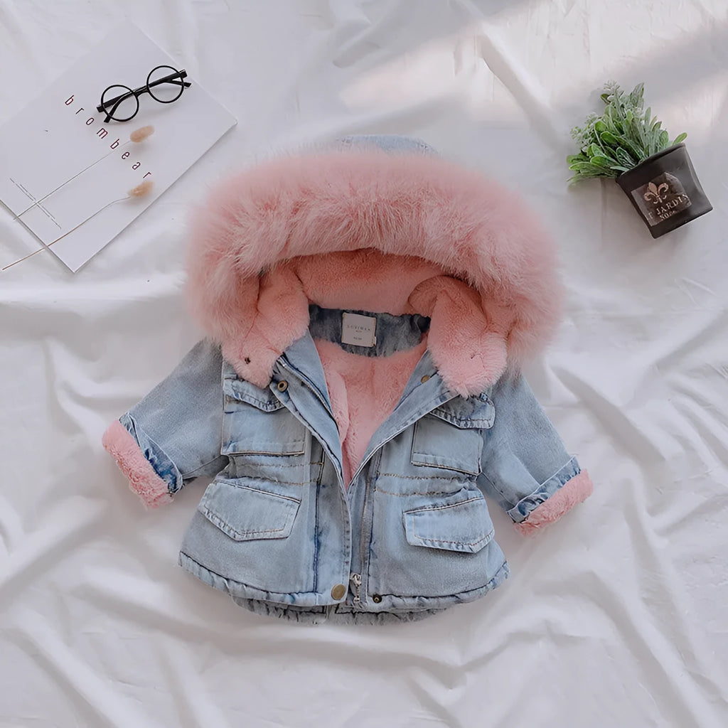 Girl's blue denim coat with hood and plus velvet thickness for Asian sizing