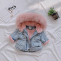Girl's blue denim coat with hood and plus velvet thickness for Asian sizing