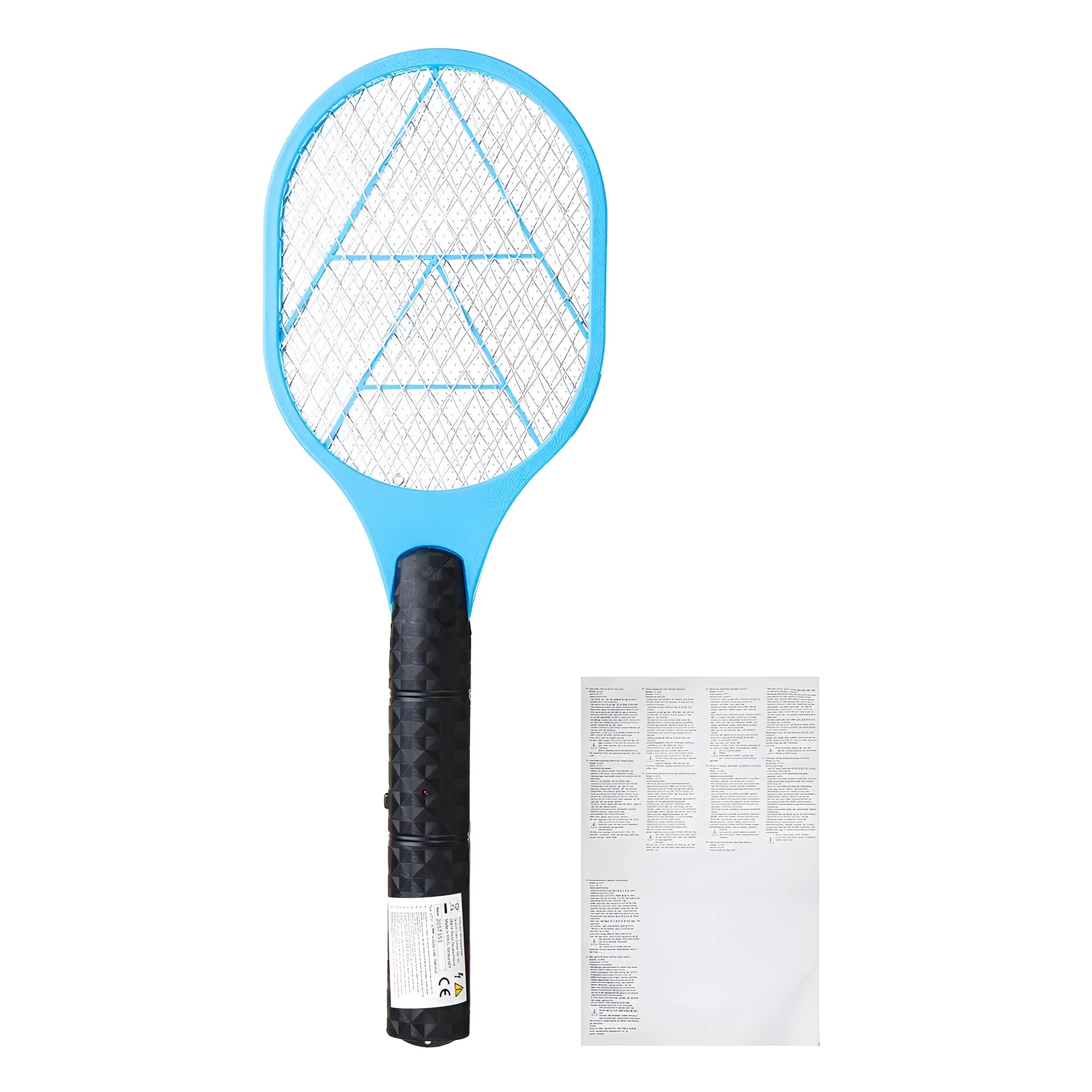 Blue battery-operated electric mosquito swatter with mesh grid, measuring 45cm long.