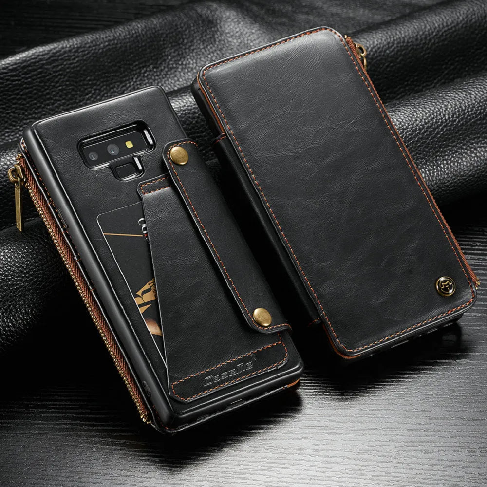 Black PU leather flip phone case open and closed, showing fit for Samsung Note9.