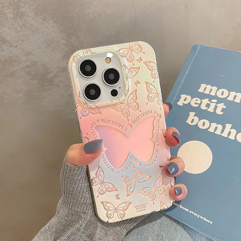 Laser gradient butterfly TPU phone case for iPhone with optional chain, anti-fall protection, Japanese Ins style