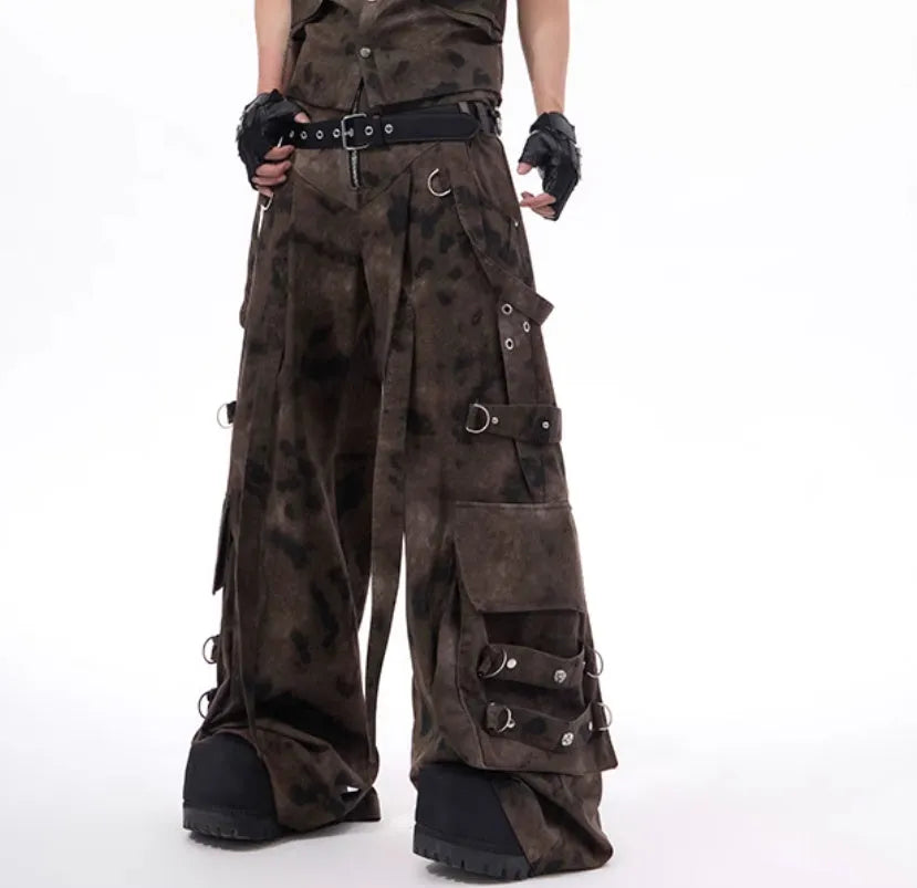 Camouflage pattern denim vest and trouser set with semi-high collar and single button front