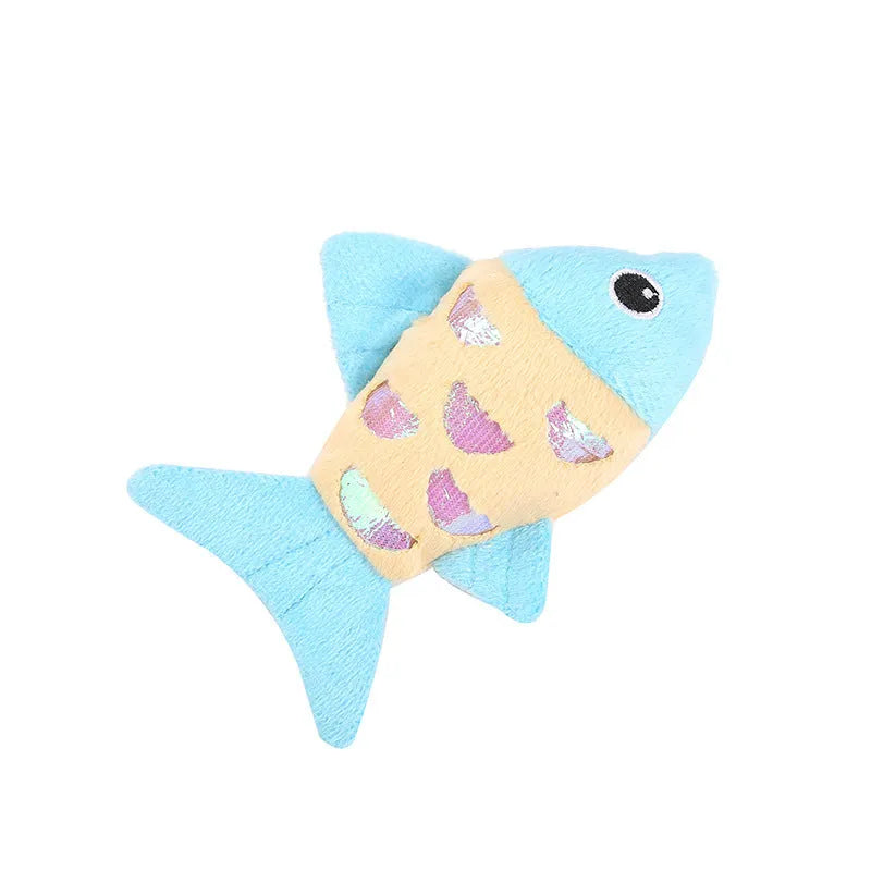 Two small fish-shaped cat toys with plush exterior in assorted colours