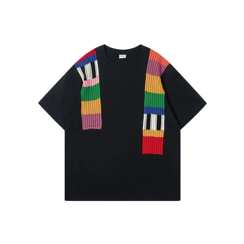 Loose fit cotton t-shirt with colour contrast patchwork and letter pattern design.