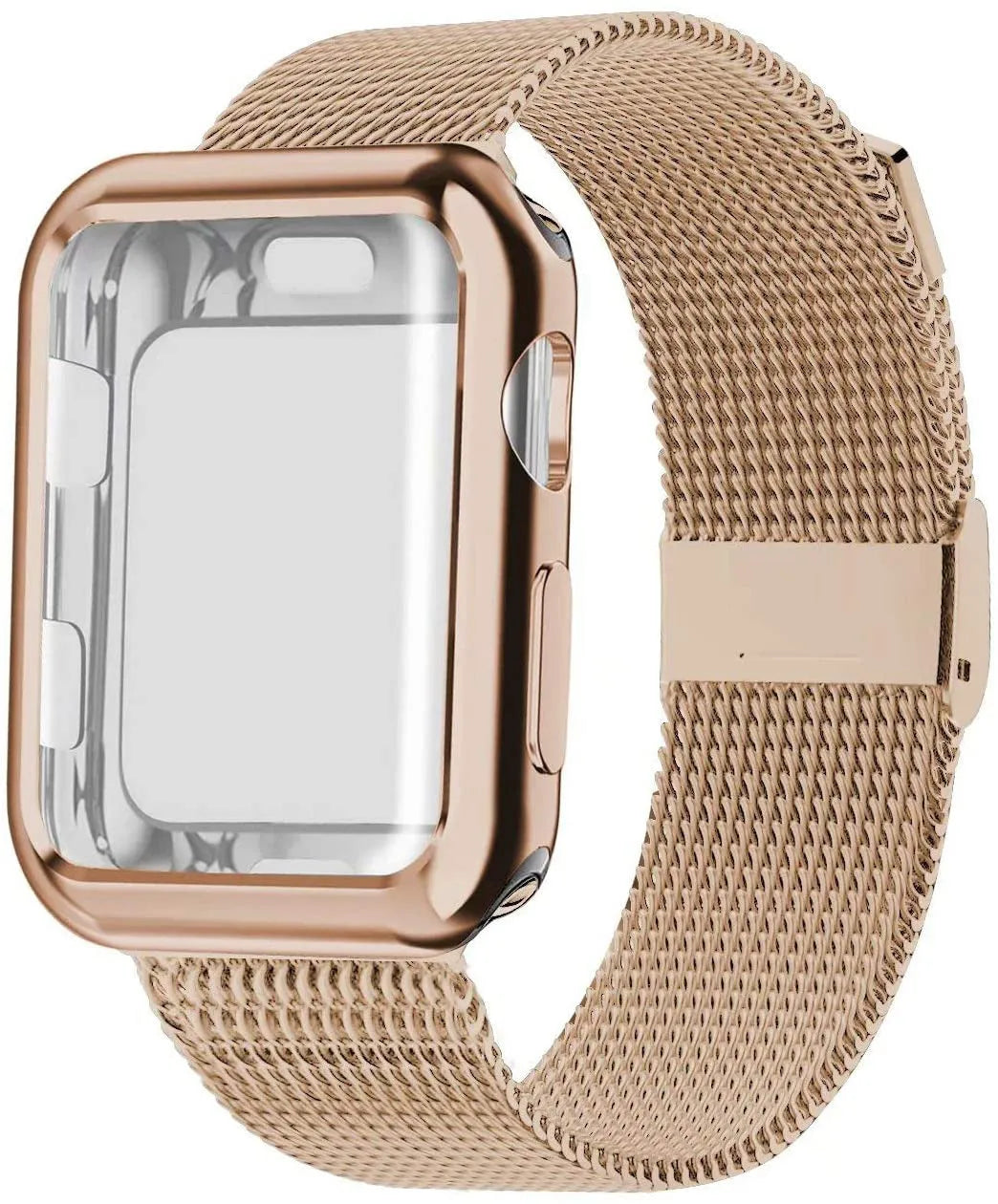 Magnetic Milanese loop metal strap for Apple Watch in silver, shown attached to a watch.