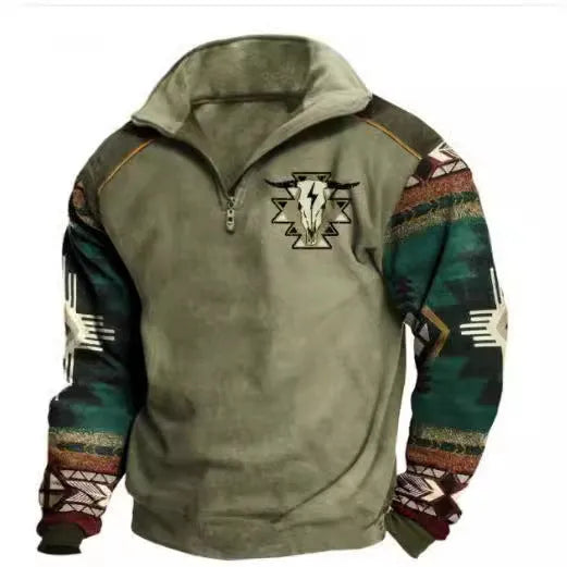 Men's digital print stand collar zip-up hoodie in loose fit, front view, no hood, long sleeves