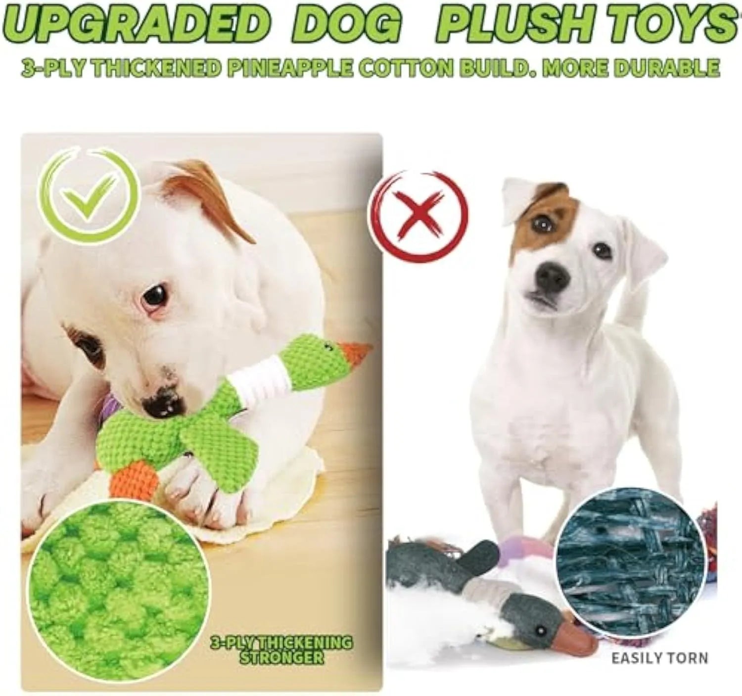 Blue, green, or grey duck-shaped plush dog toy with two squeakers.
