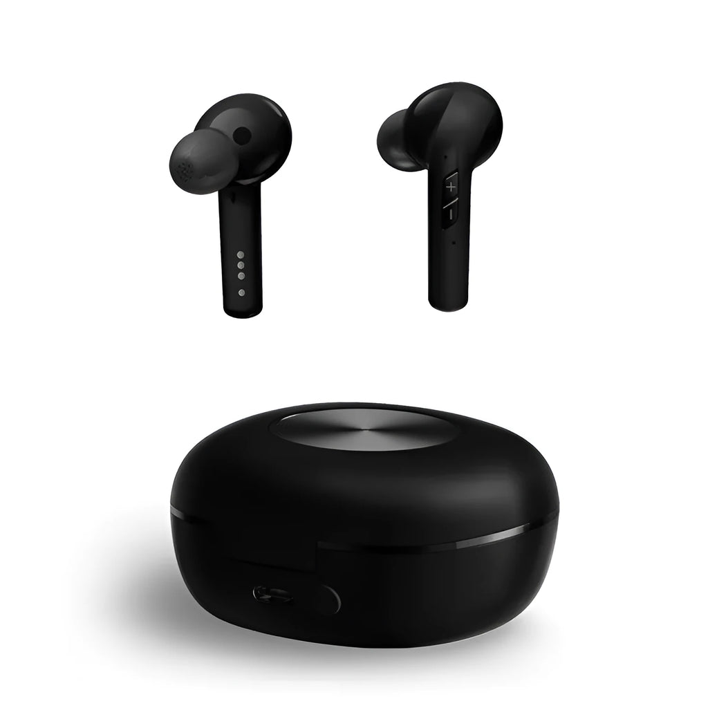 Rechargeable charging bin digital hearing aid in black on charging bin