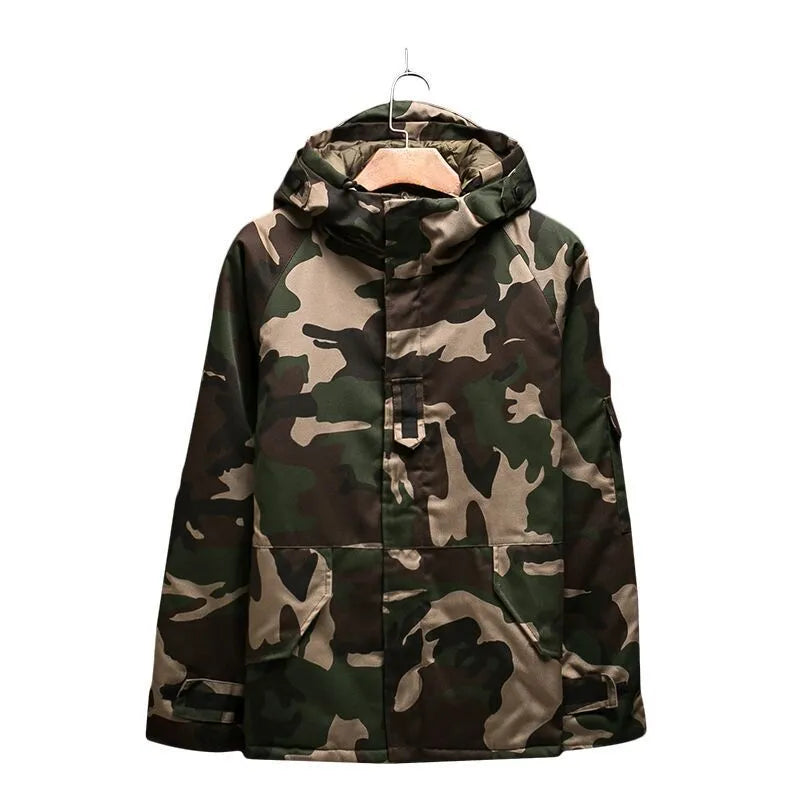 Men's winter camouflage cotton hooded jacket with zipper and straight hem on white background