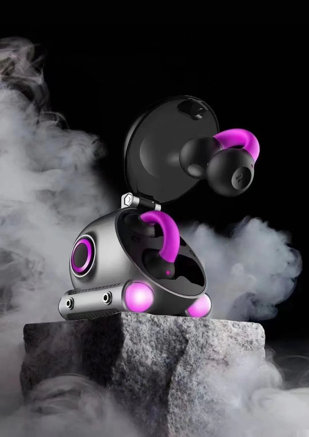Black wireless Bluetooth sports headset with clip shown attached to clothing.