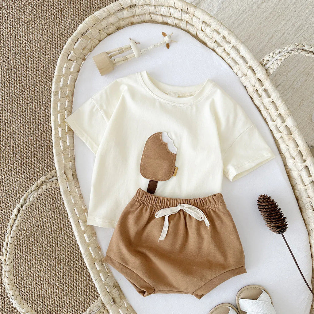 Girls' cotton shorts suit two-piece set with ice cream patch in olive, apricot or white colours