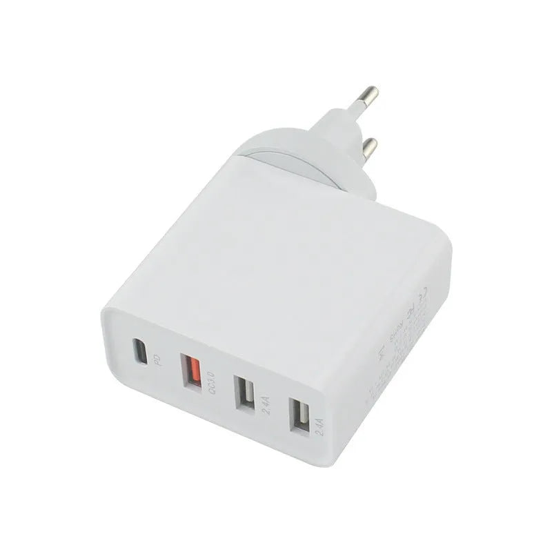 Black 48W USB-C four-port wall charger with UK plug on a white background