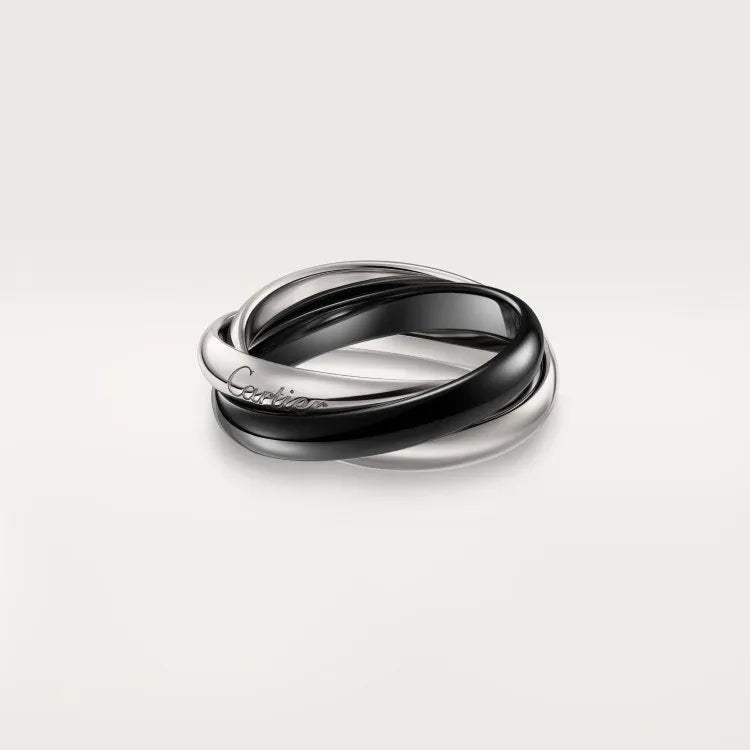 Geometric U-shaped sterling silver couple ring with a channel of sparkling diamonds, shown in a gold rose finish.