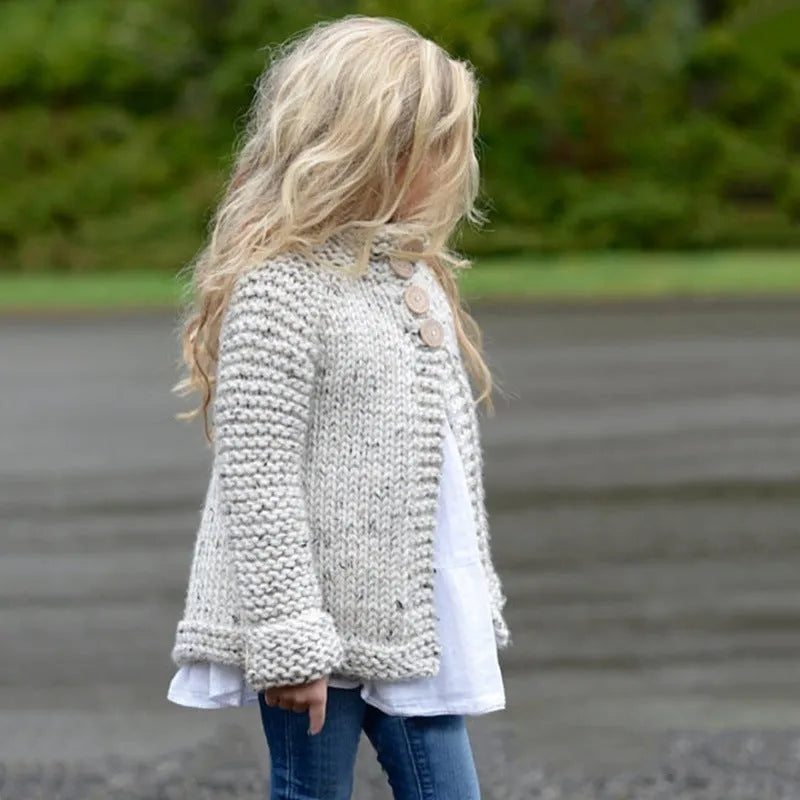 Beige girls cardigan sweater coat with long sleeves and single-breasted front
