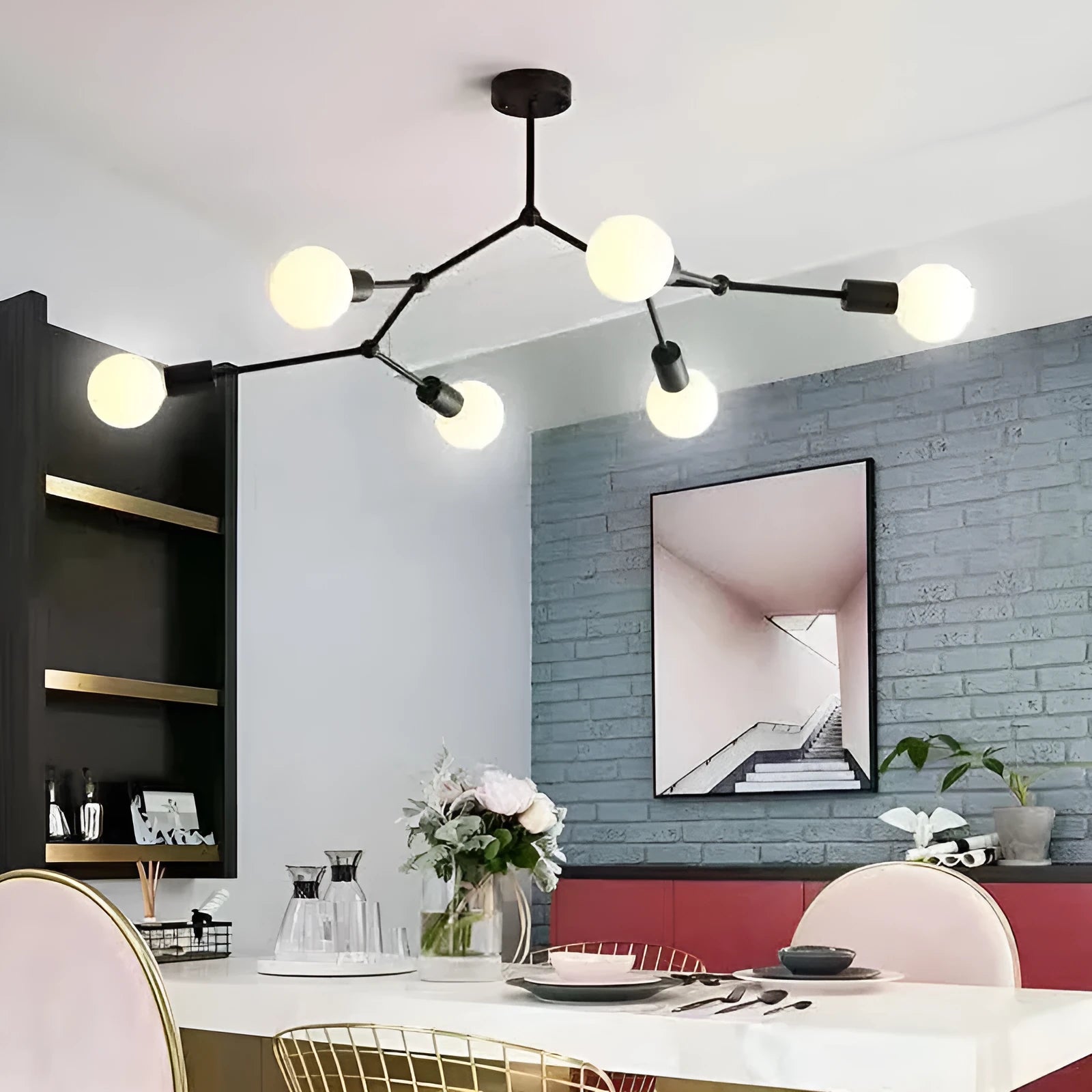 Nordic style iron chandelier ceiling lamp with multiple heads in black or white finish.