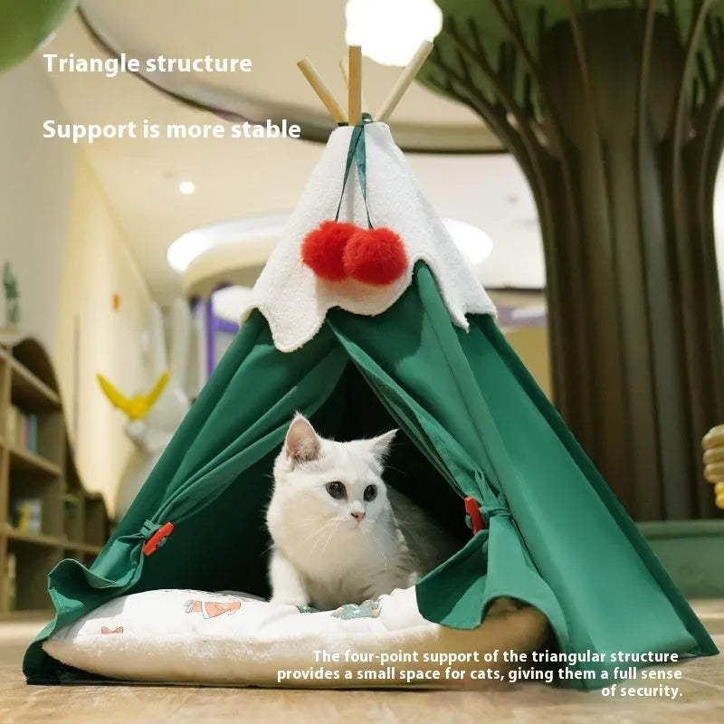 Semi-closed thickened cloth cat house for winter, shown in brown mat and white mat colours.