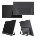 Black 15.6-inch portable USB monitor on adjustable stand showing office application on screen