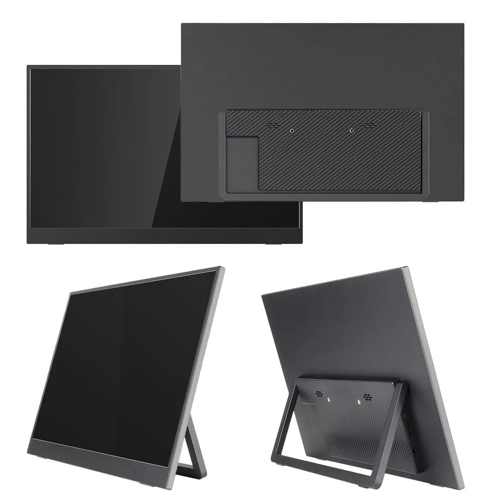 Black 15.6-inch portable USB monitor on adjustable stand showing office application on screen