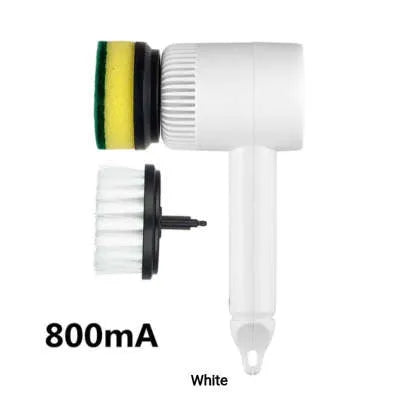 Green electric cleaning brush with three interchangeable scouring pad, brush, and sponge heads on a white background.