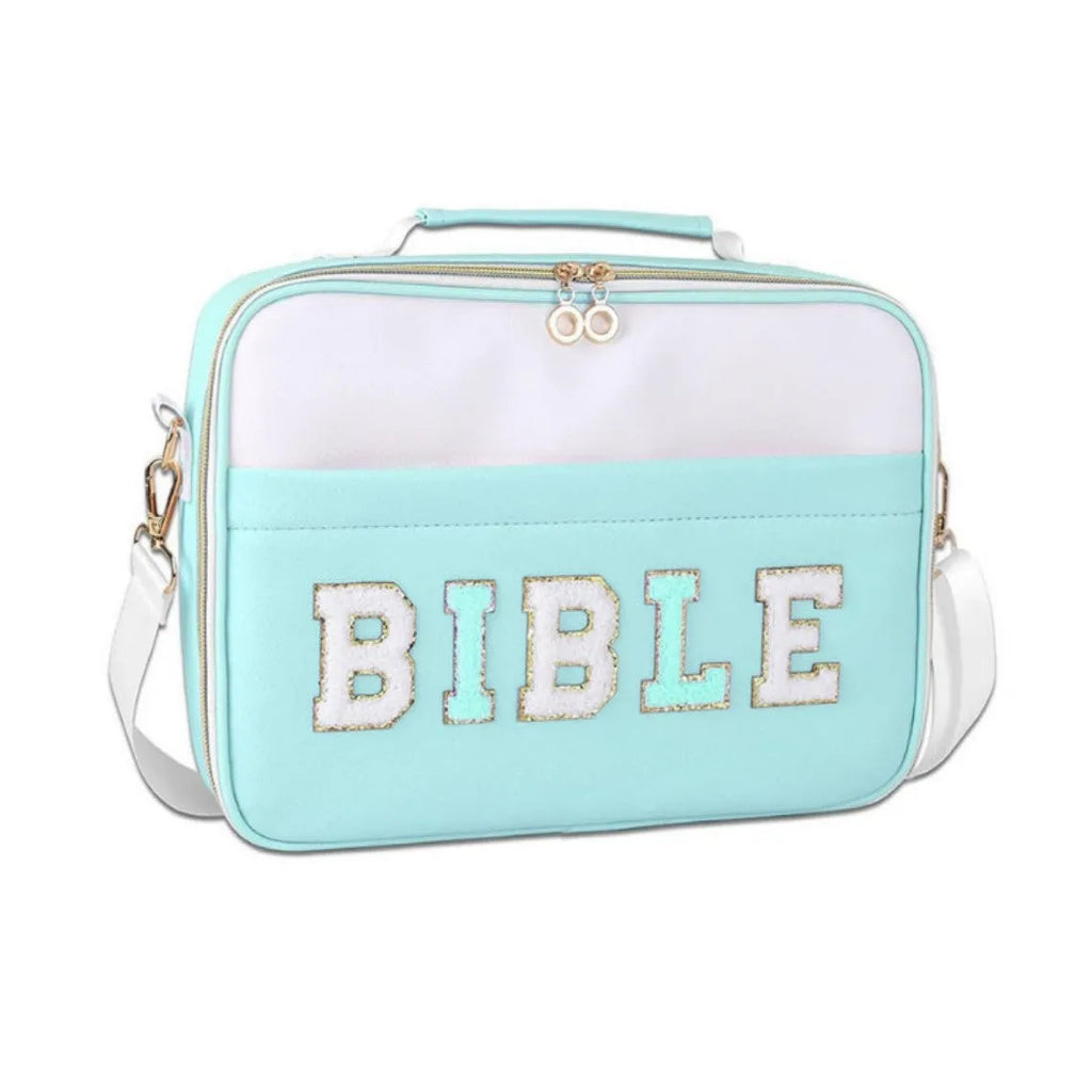 Light blue PU letter-print notebook storage bag measuring 30.5x23x6cm on a plain background