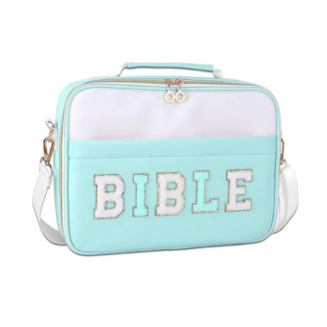 Light blue PU letter-print notebook storage bag measuring 30.5x23x6cm on a plain background